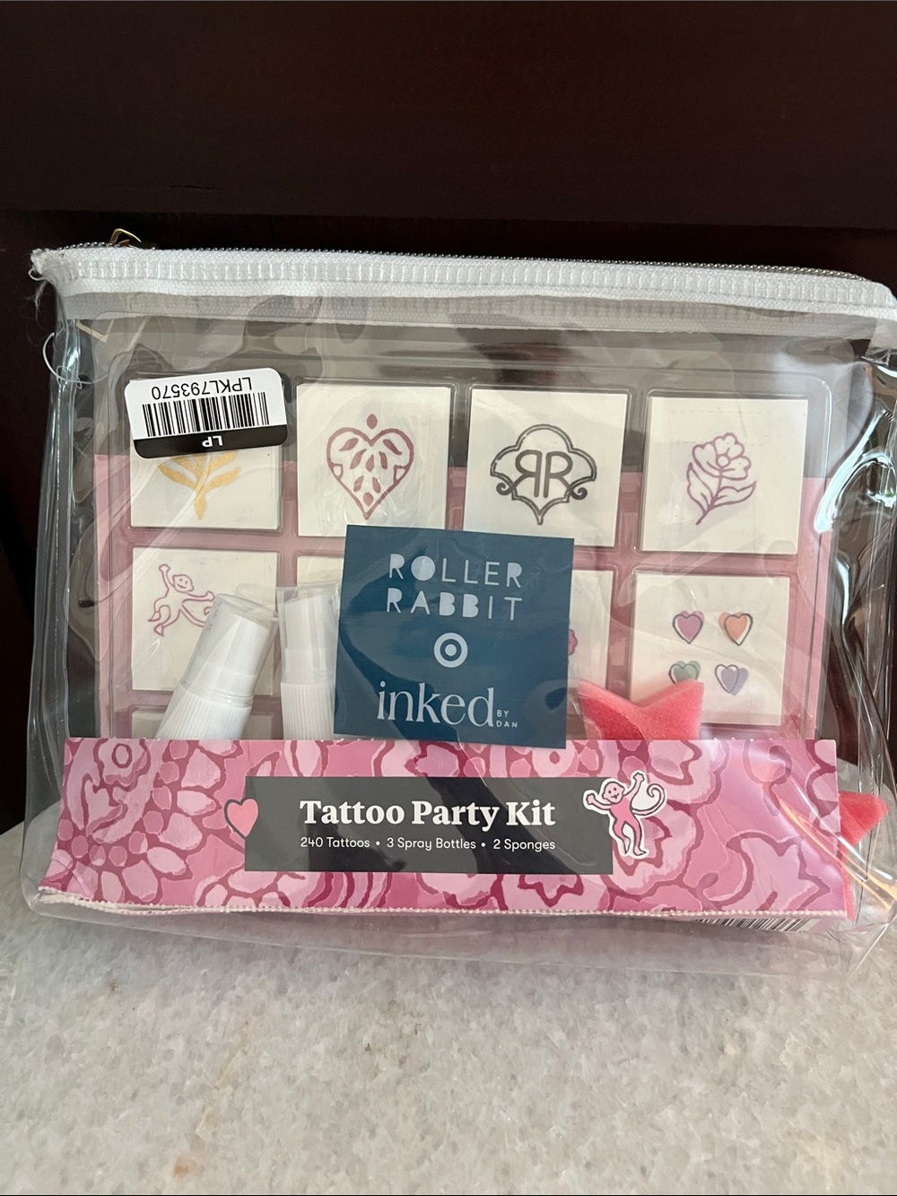 NWT! Roller Rabbit Pink Tattoo Party Kit with White Accents